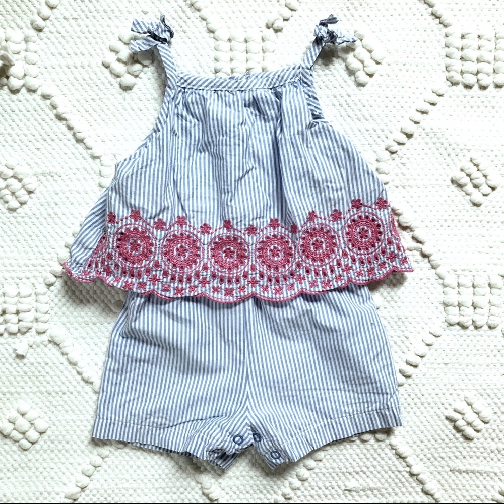 Striped Seersucker Romper With Pink Embroidery